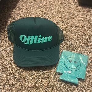 Teal 'Offline' Trucker Hat and can koozie